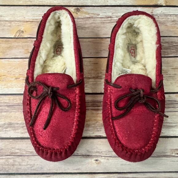 UGG Womens Metallic Glitter Red Ansley Moccasin Slippers Driving Shoes 7 - Picture 2 of 9